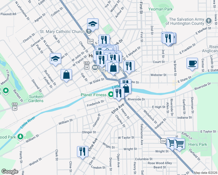 map of restaurants, bars, coffee shops, grocery stores, and more near 215 Frederick St in Huntington