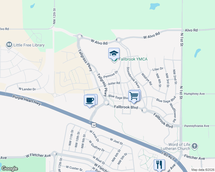 map of restaurants, bars, coffee shops, grocery stores, and more near 6727 Northwest 8th Street in Lincoln