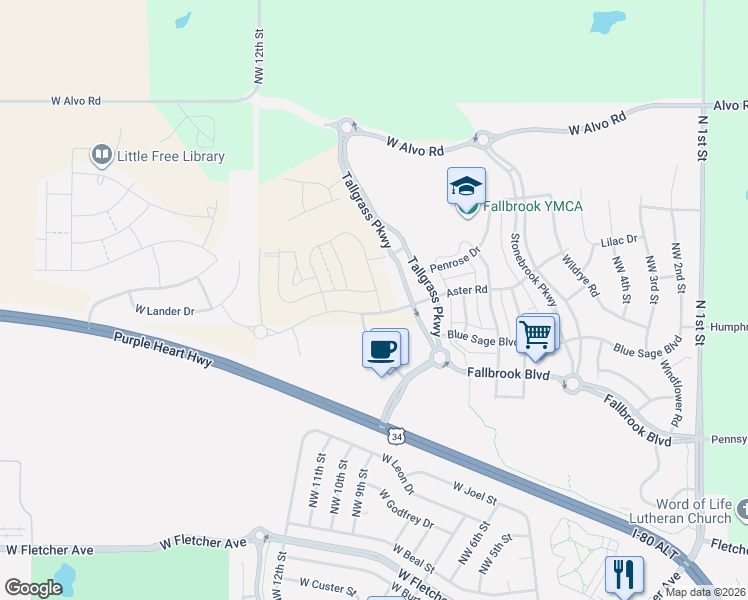 map of restaurants, bars, coffee shops, grocery stores, and more near 801 Aster Road in Lincoln