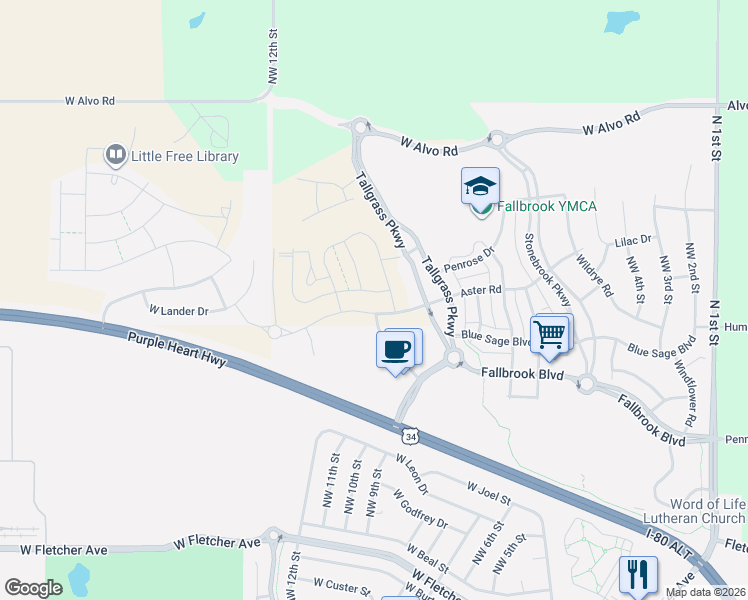 map of restaurants, bars, coffee shops, grocery stores, and more near 801 Aster Road in Lincoln