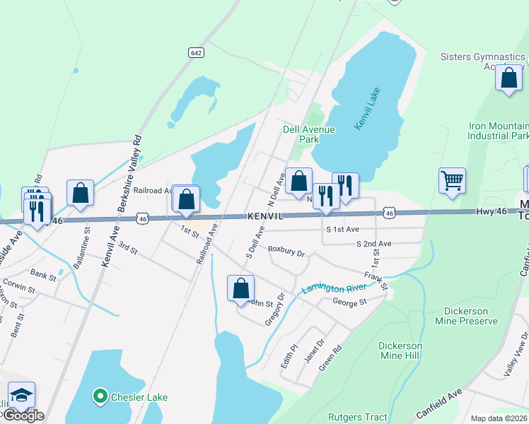 map of restaurants, bars, coffee shops, grocery stores, and more near in Roxbury Township
