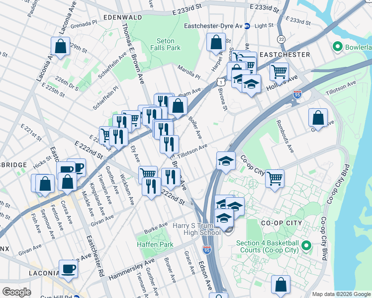 map of restaurants, bars, coffee shops, grocery stores, and more near 2040 Tillotson Avenue in Bronx
