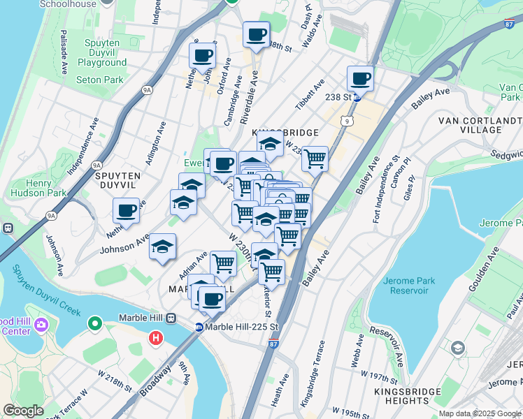 map of restaurants, bars, coffee shops, grocery stores, and more near W 231st St & Kingsbridge Ave in Bronx