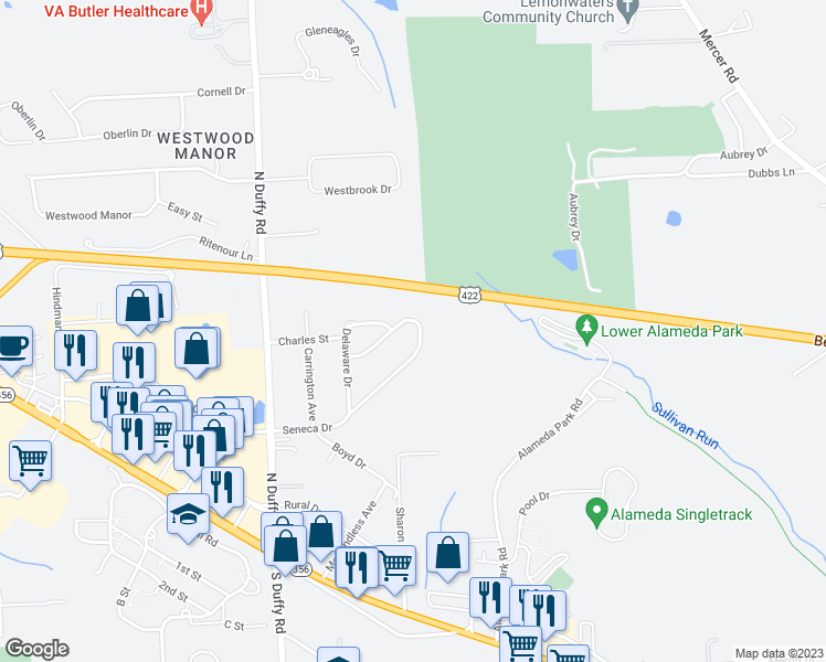 map of restaurants, bars, coffee shops, grocery stores, and more near 124 Seneca Drive in Butler