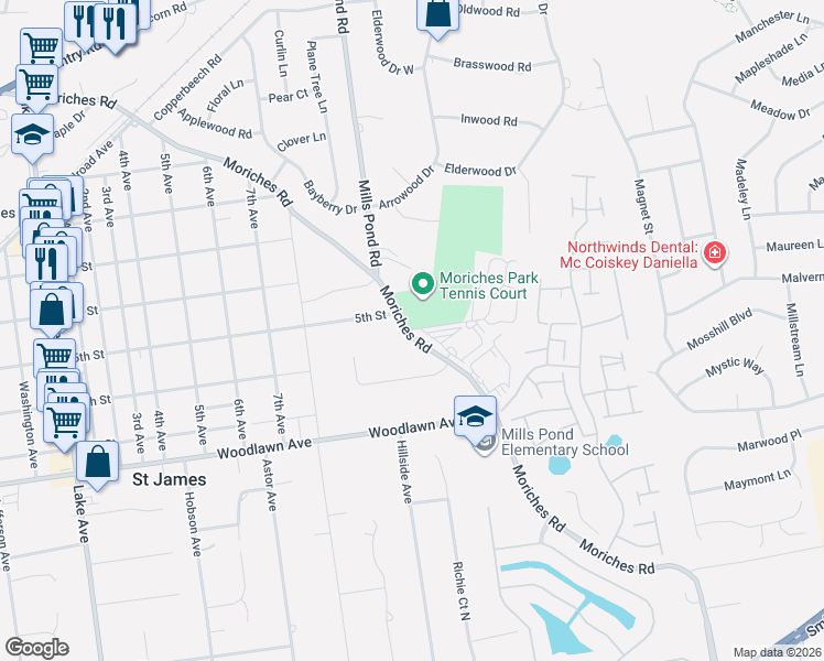 map of restaurants, bars, coffee shops, grocery stores, and more near 278 Moriches Road in Saint James