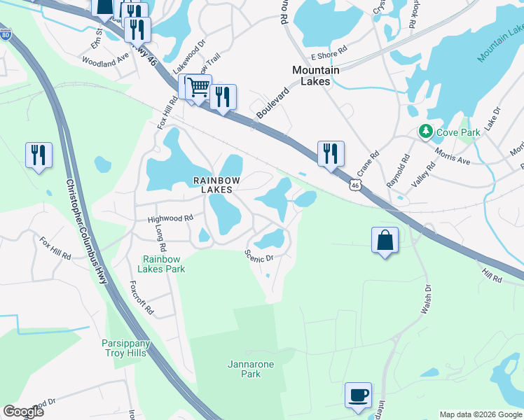 map of restaurants, bars, coffee shops, grocery stores, and more near 34 Upper Rainbow Tr in Denville