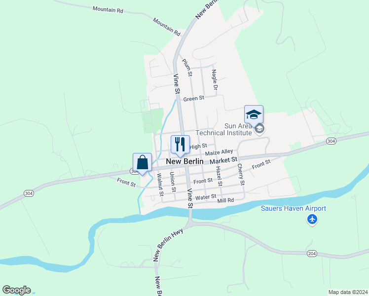 map of restaurants, bars, coffee shops, grocery stores, and more near High Street in New Berlin