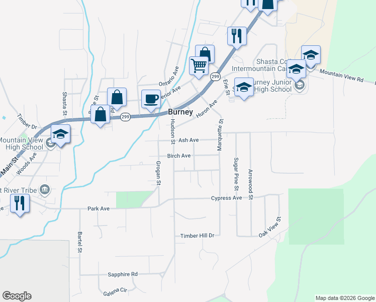 map of restaurants, bars, coffee shops, grocery stores, and more near 37325-37337 Birch Avenue in Burney