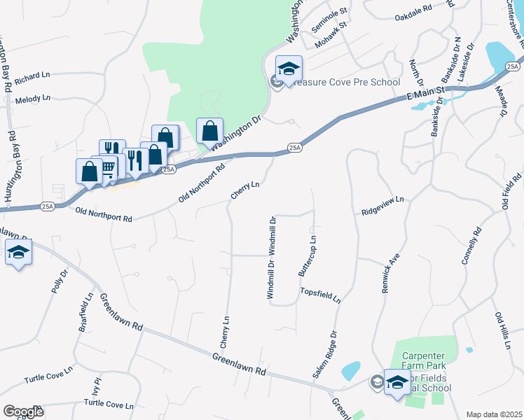 map of restaurants, bars, coffee shops, grocery stores, and more near 65 Windmill Drive in Huntington