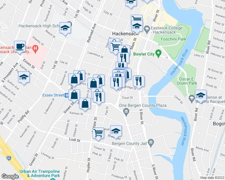 map of restaurants, bars, coffee shops, grocery stores, and more near 25 Main Street in Hackensack