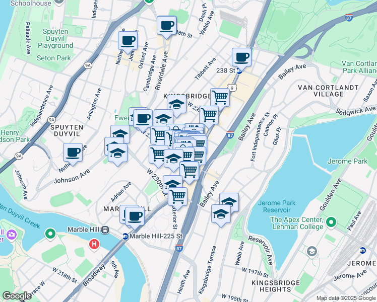 map of restaurants, bars, coffee shops, grocery stores, and more near 227 Naples Terrace in Bronx