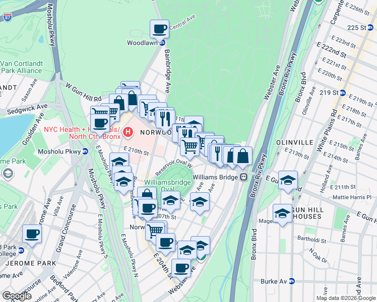 map of restaurants, bars, coffee shops, grocery stores, and more near 255 East Gun Hill Road in Bronx