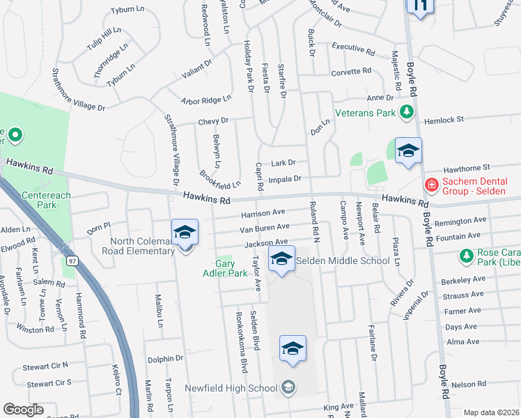 map of restaurants, bars, coffee shops, grocery stores, and more near 31 Taylor Avenue in Centereach