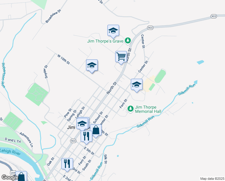 map of restaurants, bars, coffee shops, grocery stores, and more near 18 W 10th St in Jim Thorpe