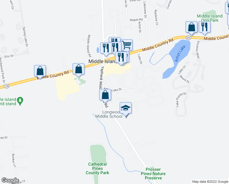 map of restaurants, bars, coffee shops, grocery stores, and more near 357 Artist Lake Drive in Middle Island