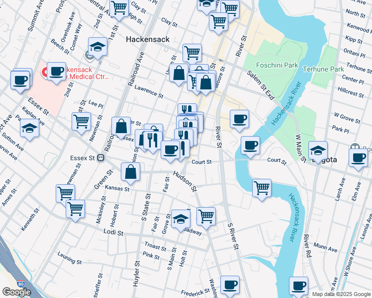map of restaurants, bars, coffee shops, grocery stores, and more near 41 Main Street in Hackensack
