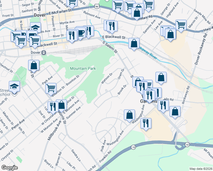 map of restaurants, bars, coffee shops, grocery stores, and more near 91 Oram Drive in Dover