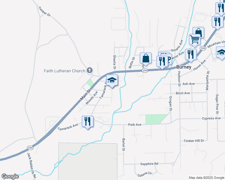 map of restaurants, bars, coffee shops, grocery stores, and more near 20375 Tamarack Avenue in Burney
