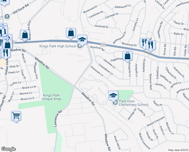 map of restaurants, bars, coffee shops, grocery stores, and more near 164 Lakebridge Drive North in Kings Park