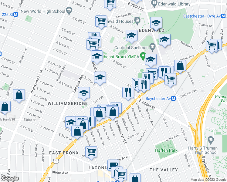 map of restaurants, bars, coffee shops, grocery stores, and more near 1601 Chester Street in The Bronx