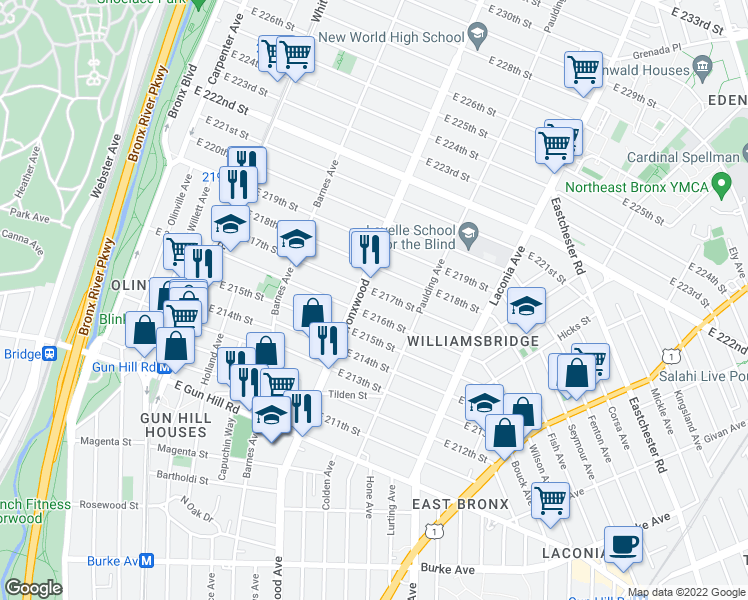 map of restaurants, bars, coffee shops, grocery stores, and more near 931 East 216th Street in The Bronx