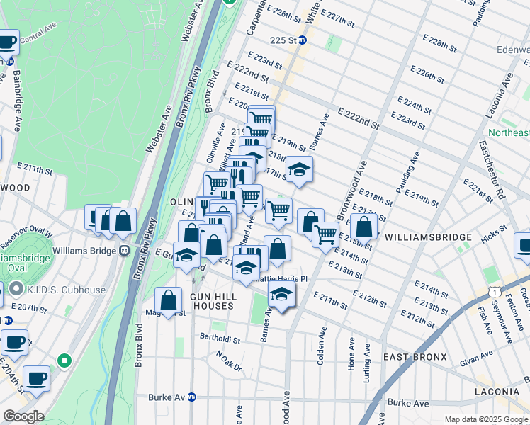map of restaurants, bars, coffee shops, grocery stores, and more near 753 East 214th Street in Bronx