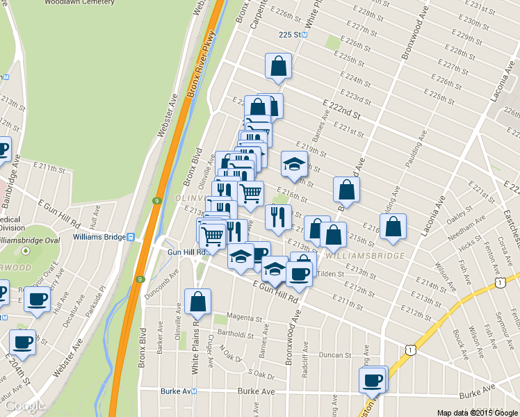 map of restaurants, bars, coffee shops, grocery stores, and more near 753 East 214th Street in Bronx
