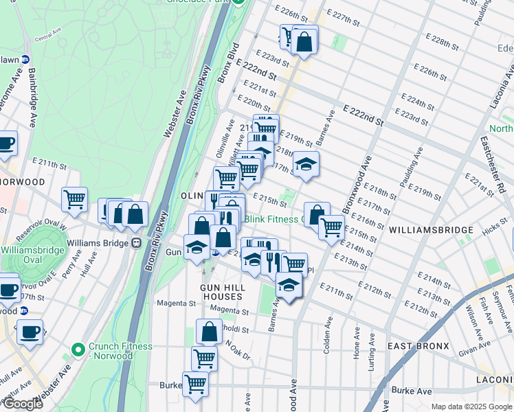 map of restaurants, bars, coffee shops, grocery stores, and more near 753 East 214th Street in Bronx