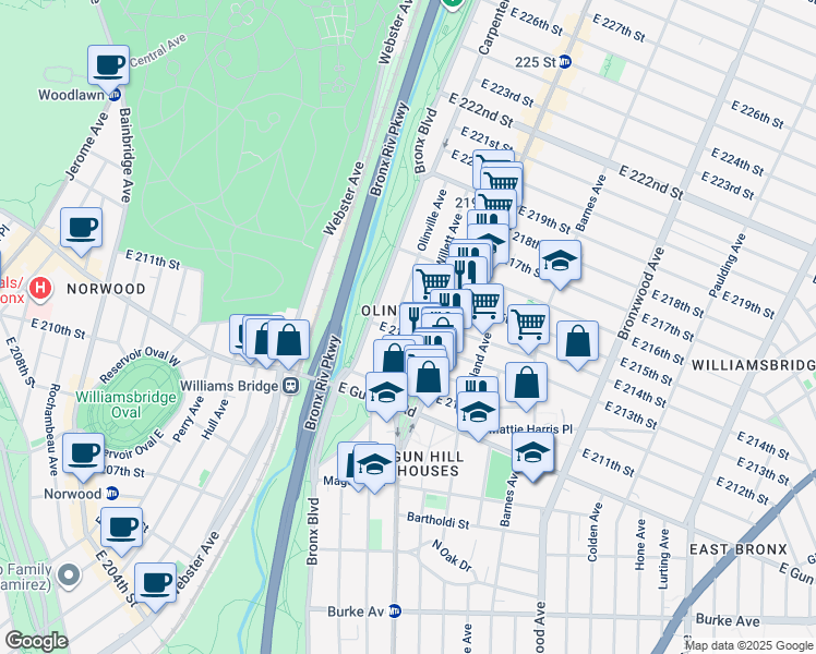 map of restaurants, bars, coffee shops, grocery stores, and more near 679 East 213th Street in Bronx