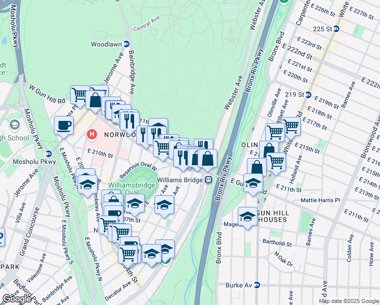 map of restaurants, bars, coffee shops, grocery stores, and more near 3511 Hull Avenue in The Bronx
