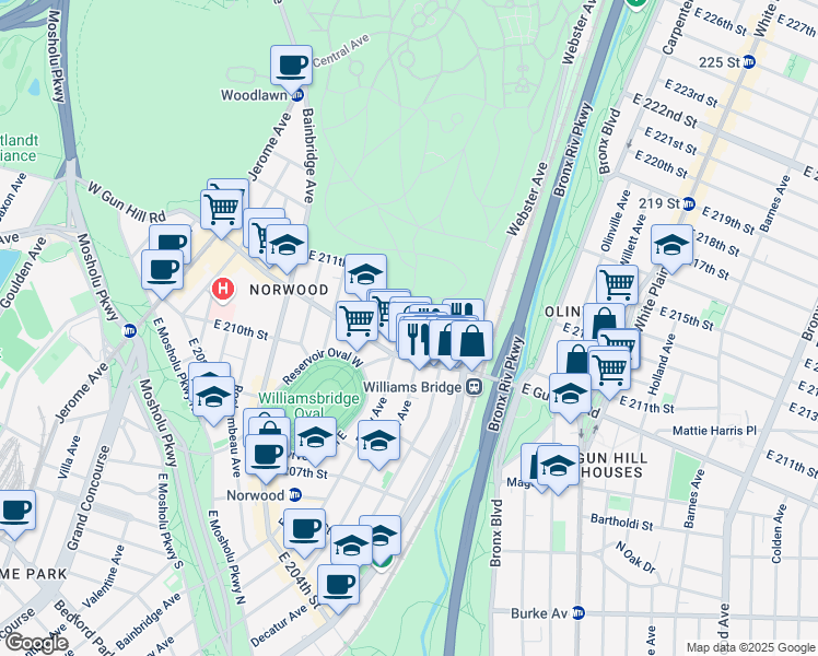 map of restaurants, bars, coffee shops, grocery stores, and more near 3511 Hull Avenue in Bronx