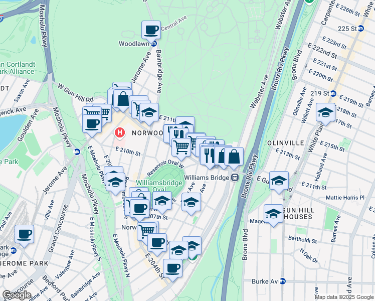 map of restaurants, bars, coffee shops, grocery stores, and more near 275c East Gun Hill Road in Bronx