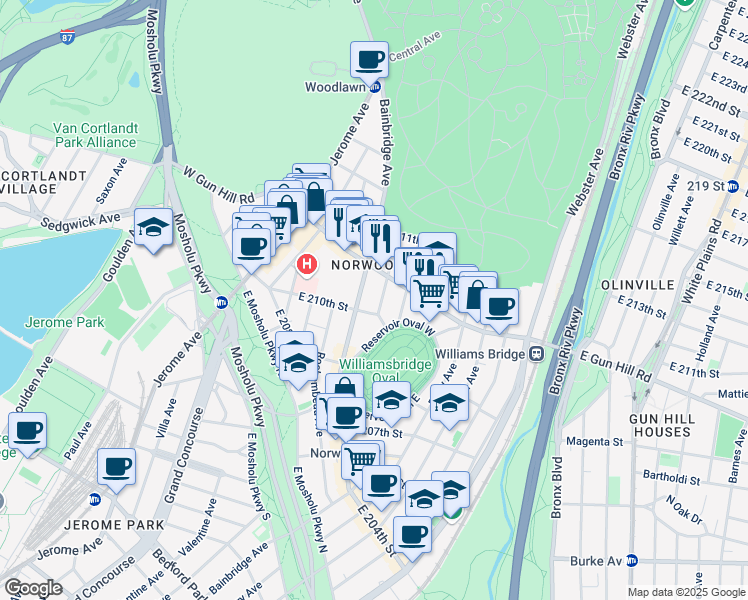 map of restaurants, bars, coffee shops, grocery stores, and more near 3396 Wayne Avenue in Bronx