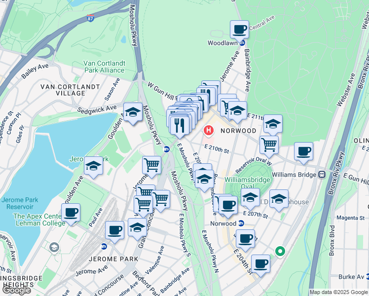 map of restaurants, bars, coffee shops, grocery stores, and more near 46 East 208th Street in Bronx