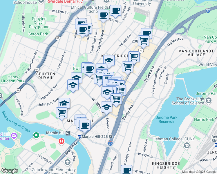 map of restaurants, bars, coffee shops, grocery stores, and more near 3062 Kingsbridge Avenue in Bronx