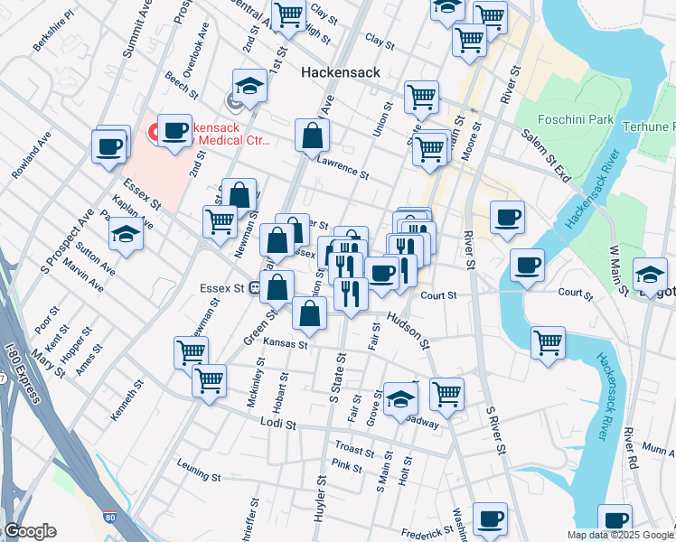 map of restaurants, bars, coffee shops, grocery stores, and more near 68 Dewitt Place in Hackensack