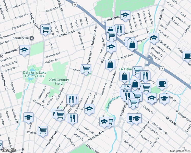 map of restaurants, bars, coffee shops, grocery stores, and more near 351 Westminster Place in Lodi