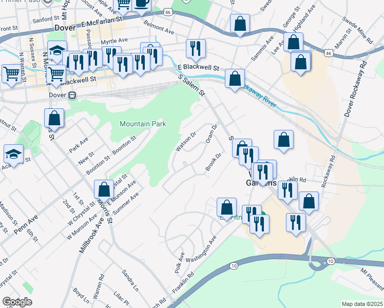 map of restaurants, bars, coffee shops, grocery stores, and more near 91 Oram Drive in Dover