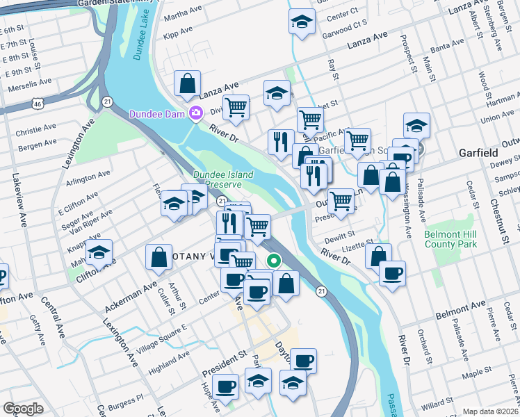 map of restaurants, bars, coffee shops, grocery stores, and more near 65 Outwater Lane in Clifton