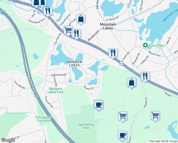 map of restaurants, bars, coffee shops, grocery stores, and more near 34 Upper Rainbow Tr in Denville