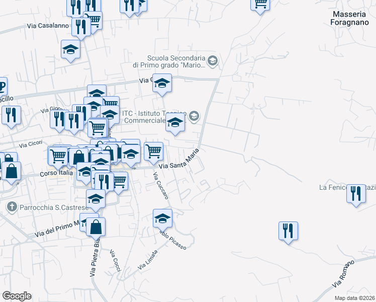 map of restaurants, bars, coffee shops, grocery stores, and more near 351 Via Santa Maria in Quarto