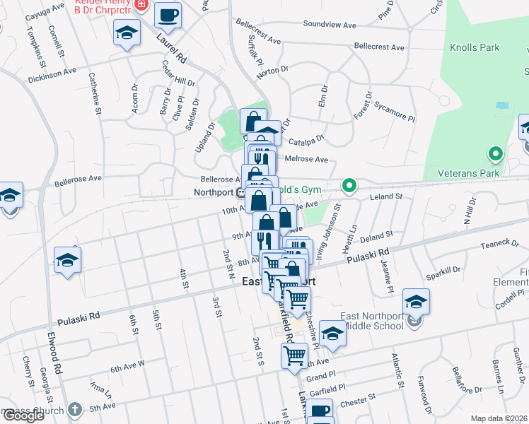 map of restaurants, bars, coffee shops, grocery stores, and more near 74 Larkfield Road in East Northport