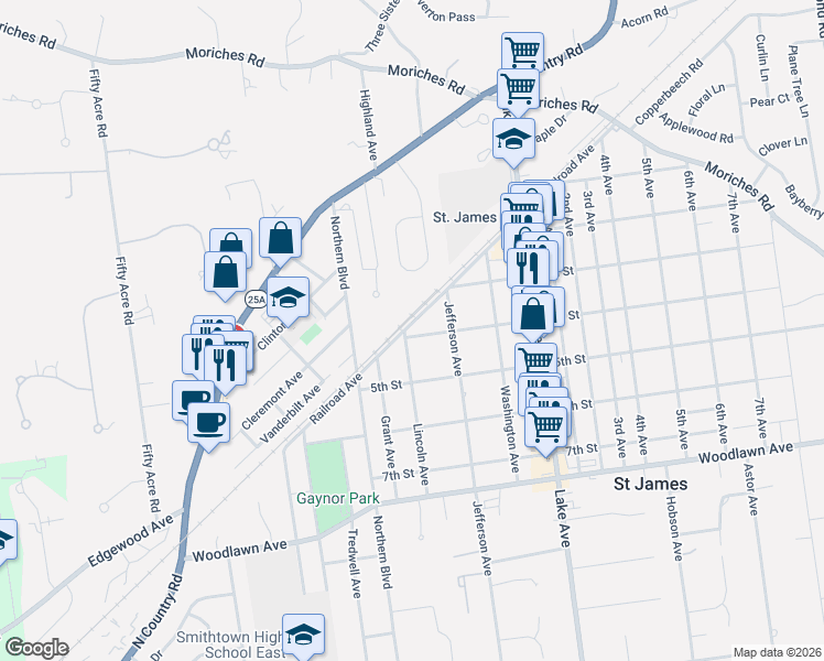 map of restaurants, bars, coffee shops, grocery stores, and more near 284 Lincoln Avenue in Saint James