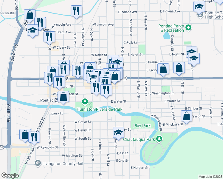 map of restaurants, bars, coffee shops, grocery stores, and more near 112 West Madison Street in Pontiac