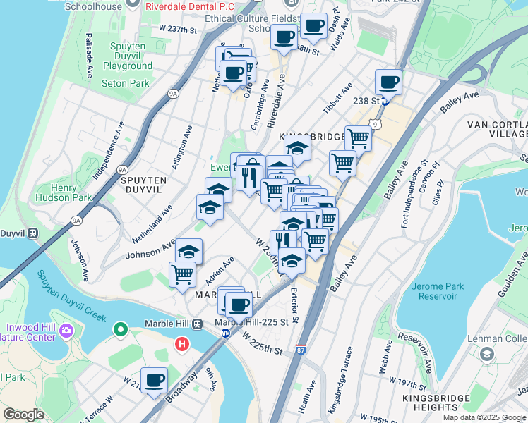 map of restaurants, bars, coffee shops, grocery stores, and more near 3050 Corlear Avenue in Bronx