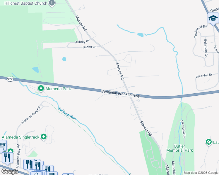 map of restaurants, bars, coffee shops, grocery stores, and more near 110 Judson Avenue in Butler