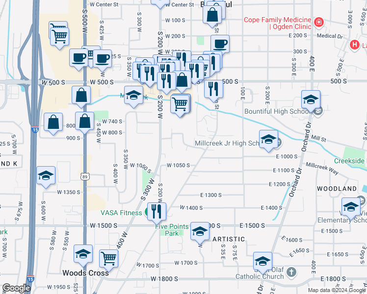 map of restaurants, bars, coffee shops, grocery stores, and more near 147 West 900 South in Bountiful