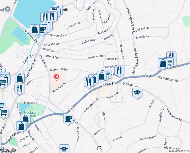 map of restaurants, bars, coffee shops, grocery stores, and more near 150 Maple Hill Road in Huntington