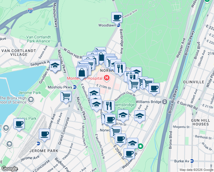 map of restaurants, bars, coffee shops, grocery stores, and more near 111 East 210th Street in The Bronx