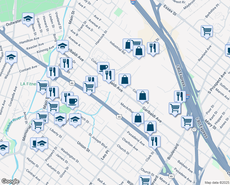 map of restaurants, bars, coffee shops, grocery stores, and more near 250 Garibaldi Avenue in Lodi